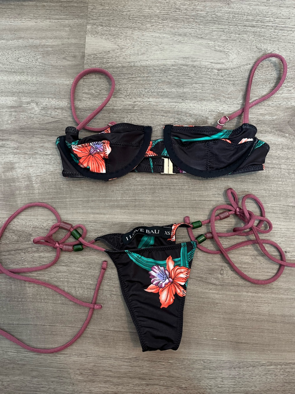 Indah Black Floral Bikini Set with Pink Straps